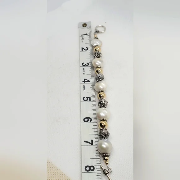 Bracelet 8"inch Elegant Sterling Silver Pearl and Gold Beaded - Picture 5 of 5